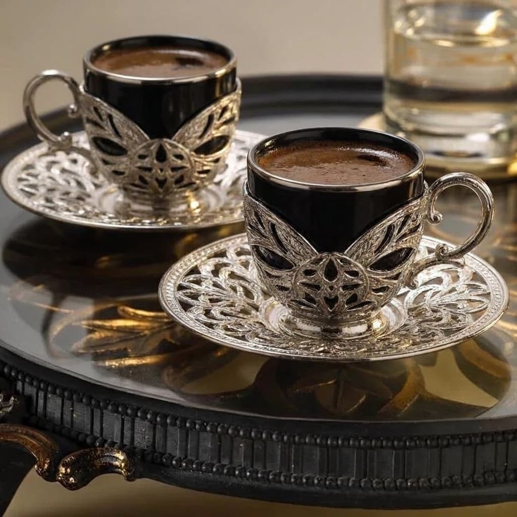 Saudi Tea & Coffee Set for 2 | Black Glass Cups, Silver Holders & Saucers | Ottoman Style | Made in Turkey