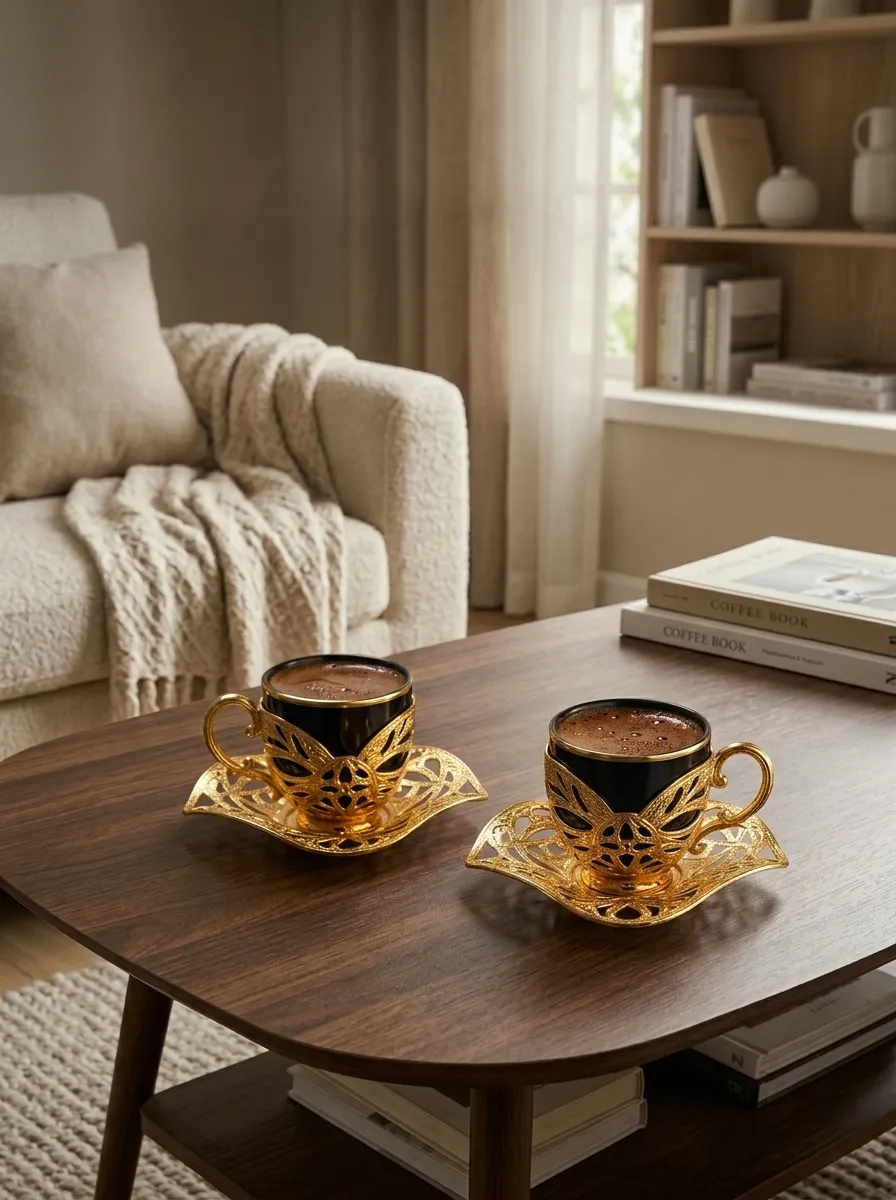 ACAR Turkish Coffee Set for 2 | Black Glass Cups, Gold Holders & Saucers | Ottoman Style | Made in Turkey