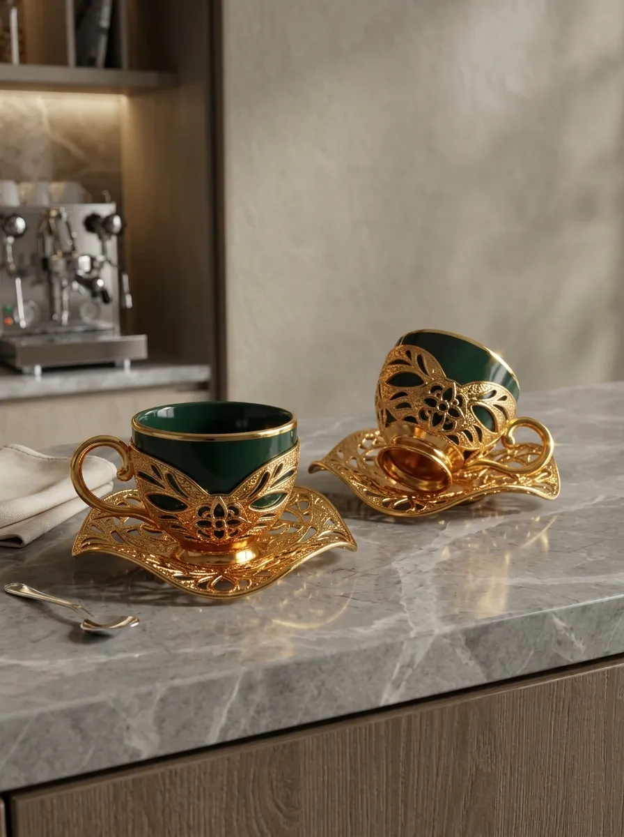 ACAR Turkish Coffee Set for 2 | Green Glass Cups, Gold Holders & Saucers | Ottoman Style | Made in Turkey