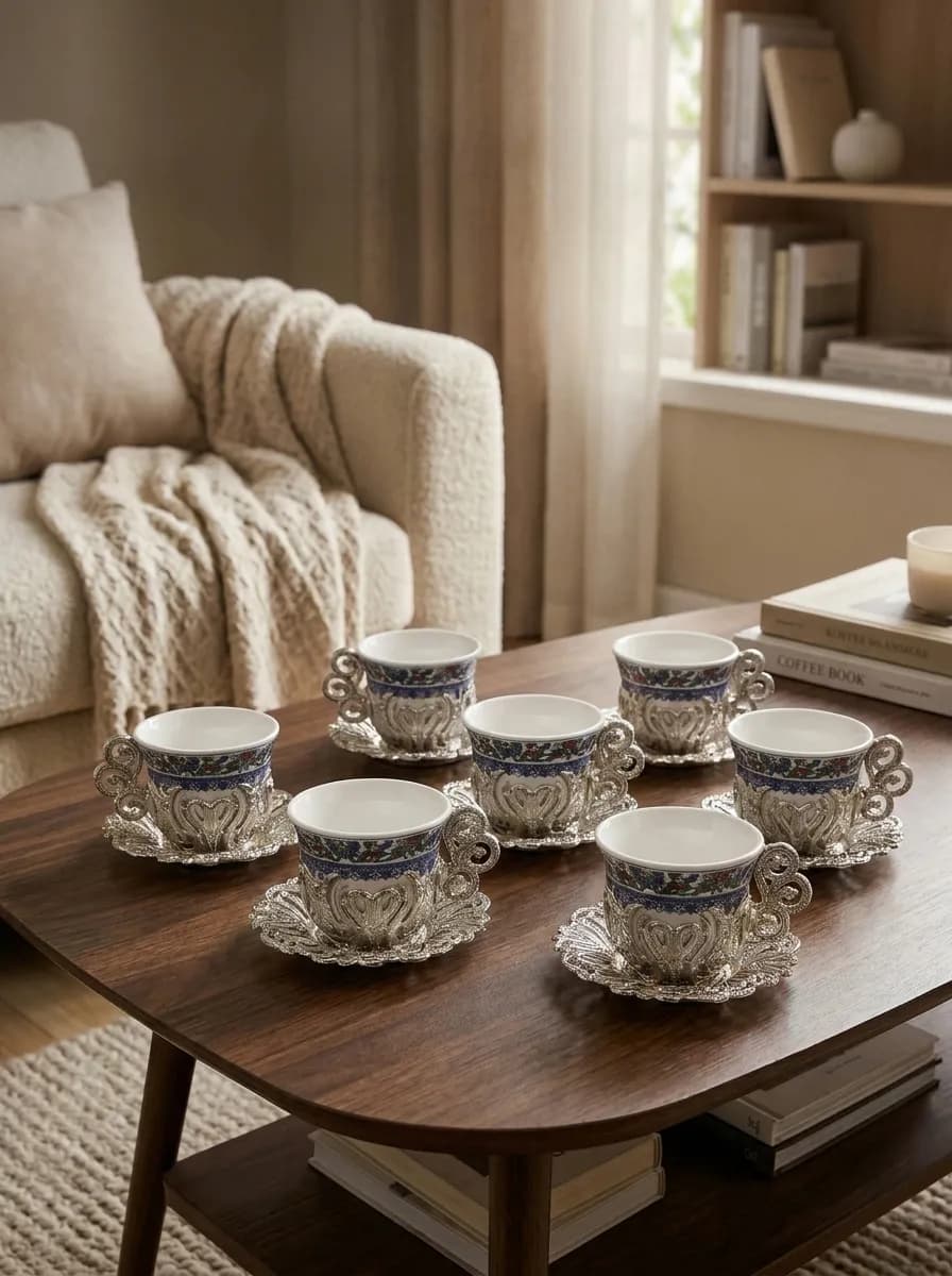 ACAR Turkish Coffee Set for 6 | 18-Piece Porcelain Cups, Silver Holders & Metal Saucers | Made in Turkey