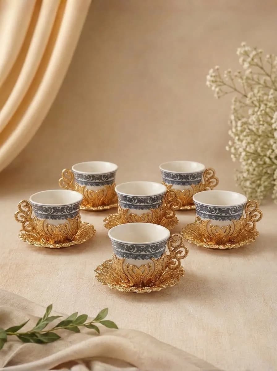ACAR Turkish Coffee Set for 6 | 18-Piece Porcelain Cups, Gold Holders & Metal Saucers | Made in Turkey