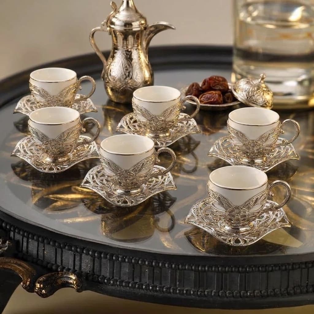 Turkish Coffee & Tea Set for 6 | White Glass Cups, Silver Holders & Saucers | Ottoman Style | Made in Turkey