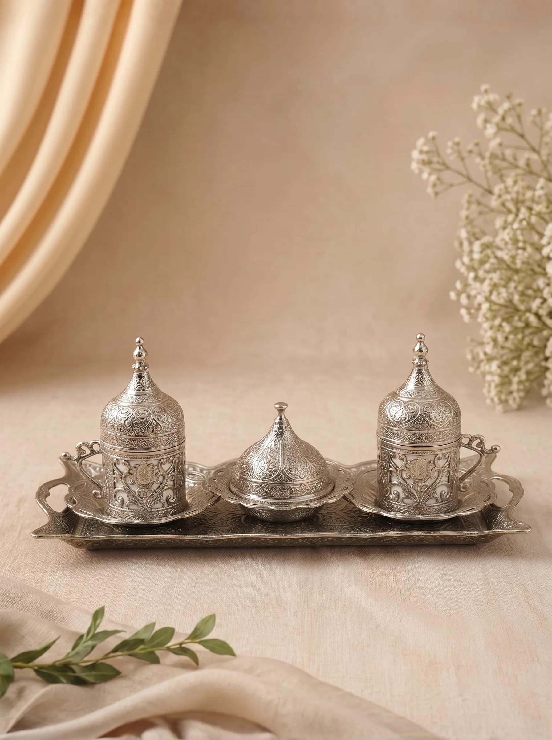 Silver Turkish Coffee Set for 2 – 11-Piece Serving Set