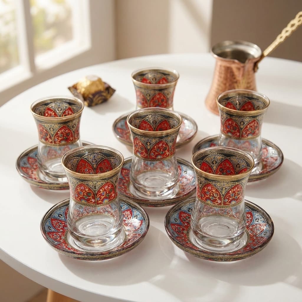 Turkish Tea Set for 6 | 12-Piece Colorful Patterned Glass Cups & Saucers | Ottoman Style | Made in Türkiye