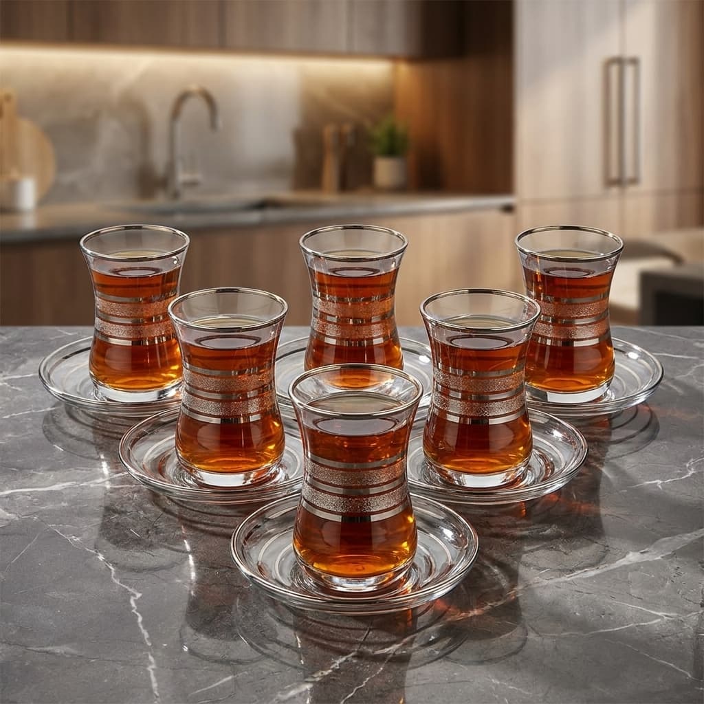 Turkish Tea Set for 6 | 12-Piece Glass Cups & Saucers | Elegant Silver Details | Made in Turkey