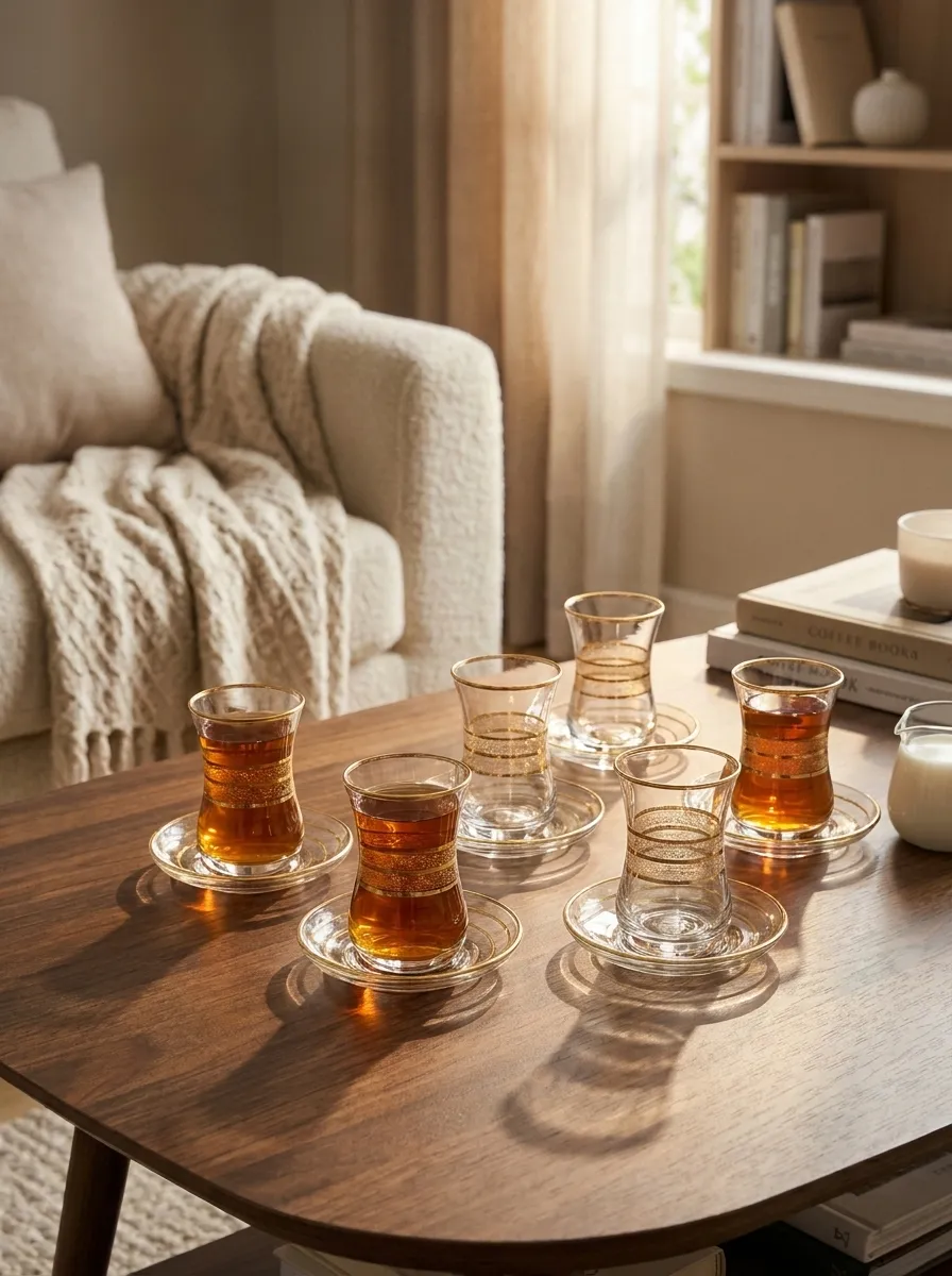 Turkish Tea Set for 6 | 12-Piece Glass Cups & Saucers with Elegant Gold Details | Made in Turkey