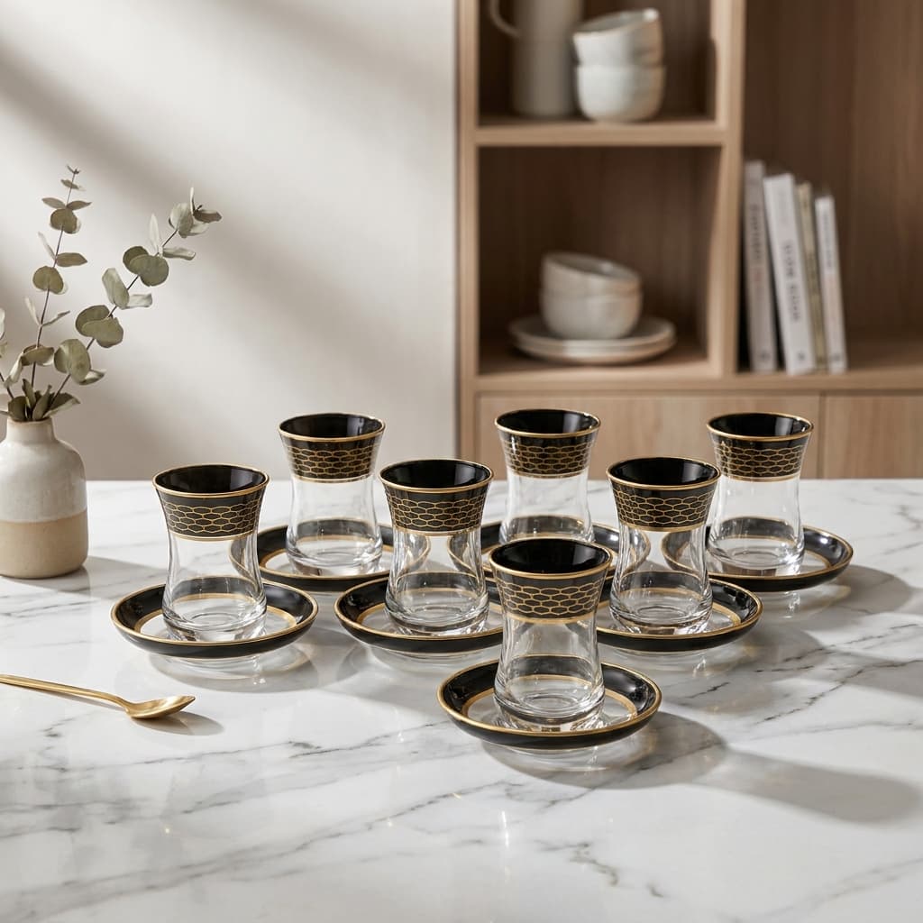 Turkish Tea Cup Set for 6 | Black & Gold Glasses with Saucers | Elegant Design | Made in Turkey