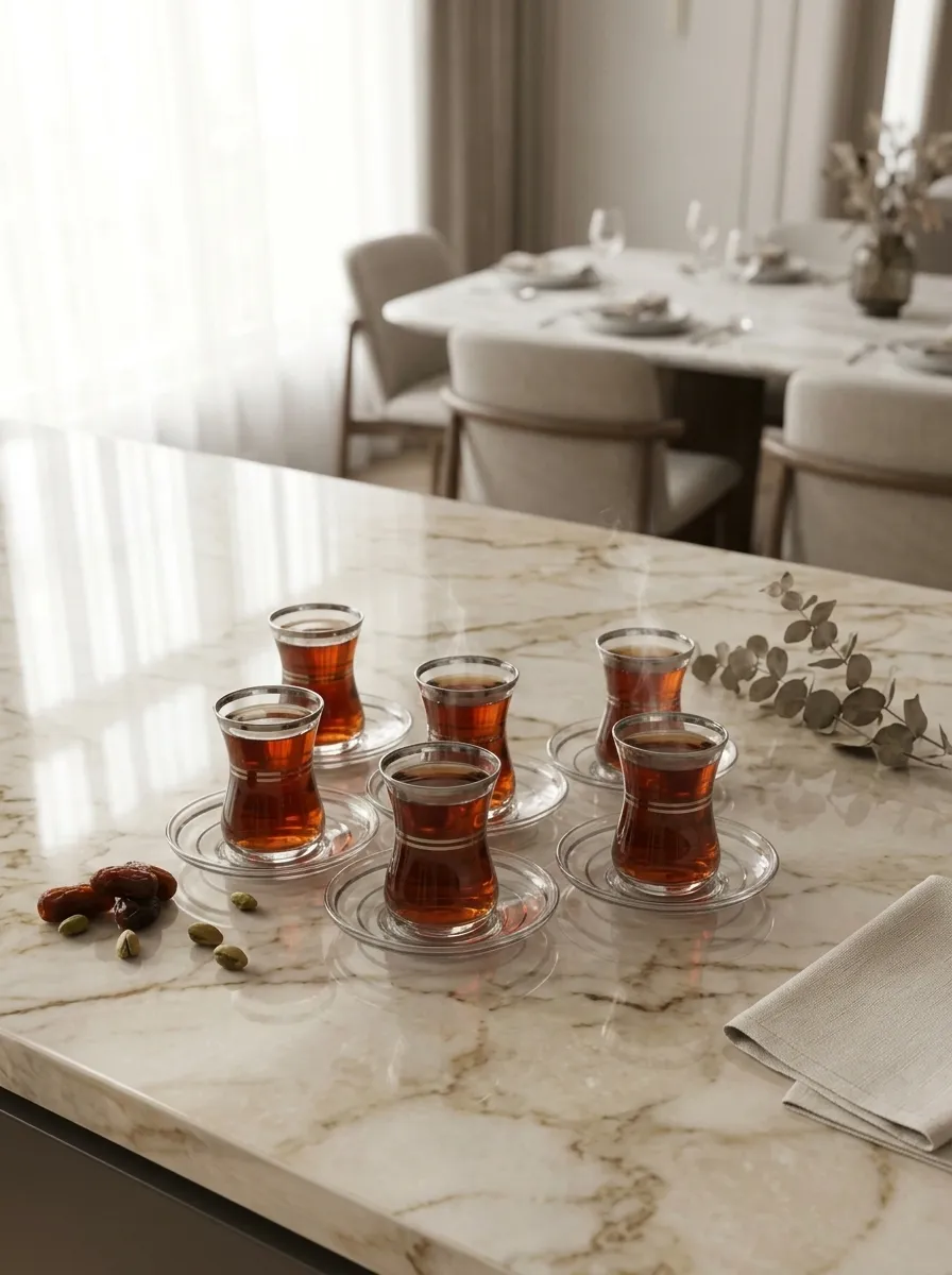 Turkish Tea Set for 6 | 12-Piece Glass Cups & Saucers with Elegant Silver Details | Made in Turkey