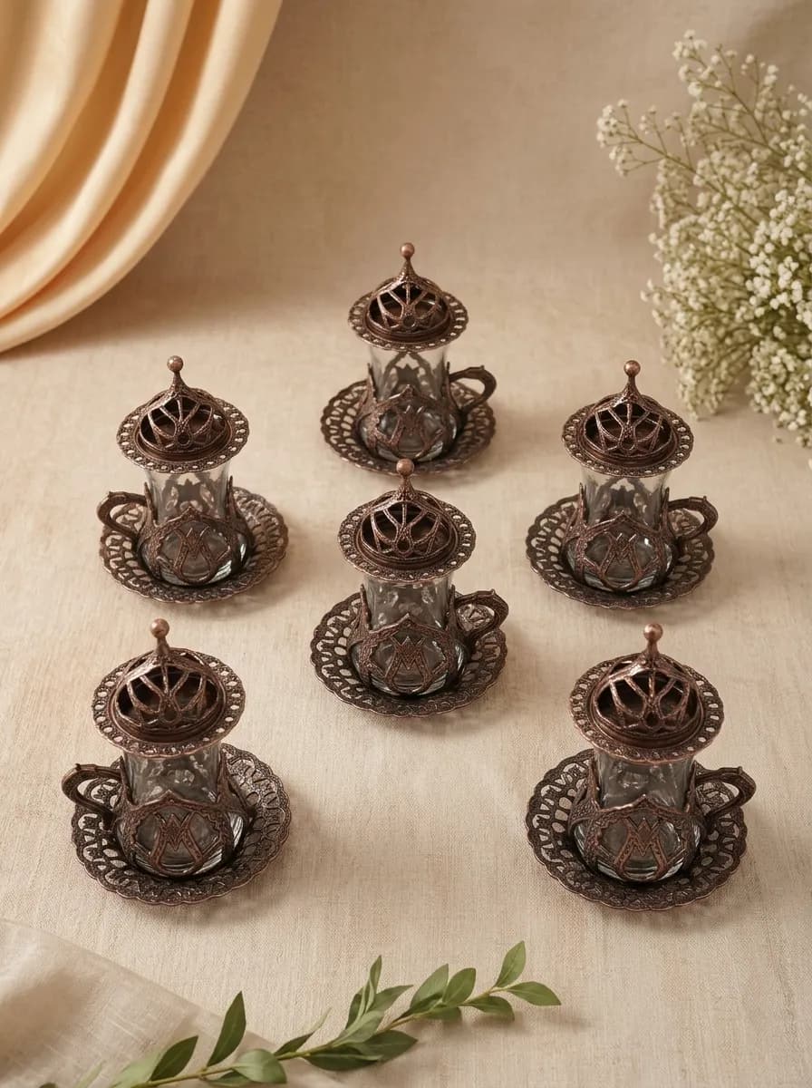 Acar Copper Tea Set for 6 with Glass Cups, Holders and Saucers