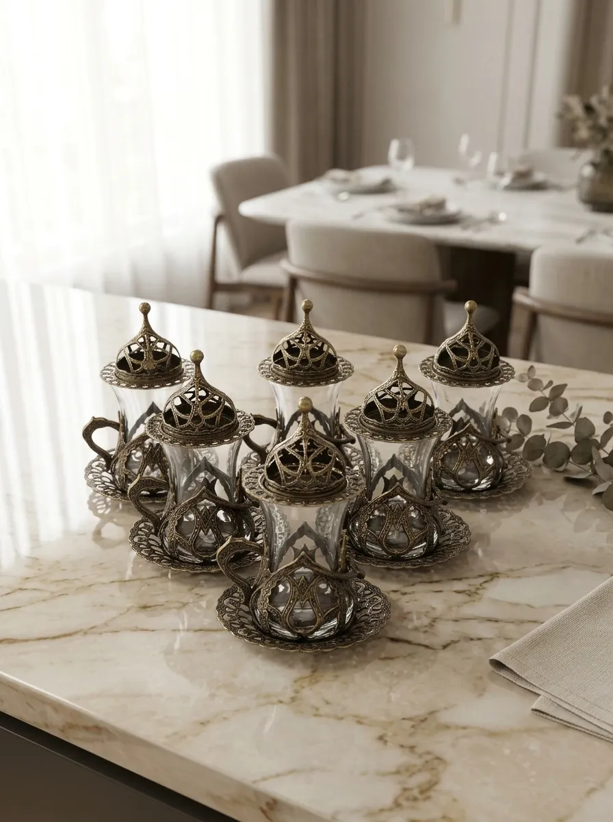 Luxury Turkish Tea Set for 6 | Glass Cups with Lids, Copper Holders & Saucers | Antique Bronze | Made in Turkey
