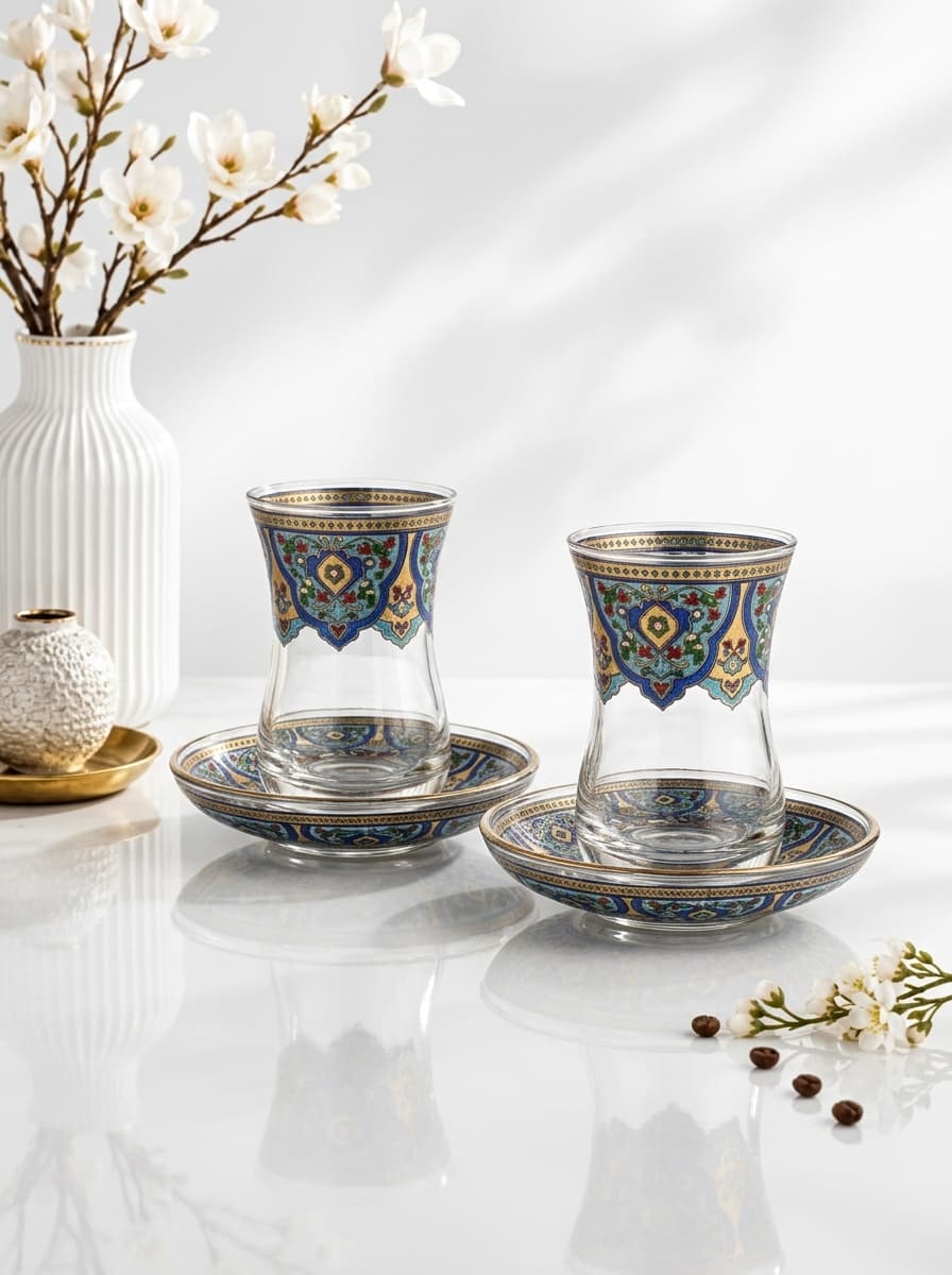 Luxury Turkish Tea Set for 2 | Traditional Gold & Blue Design | Made in Turkey