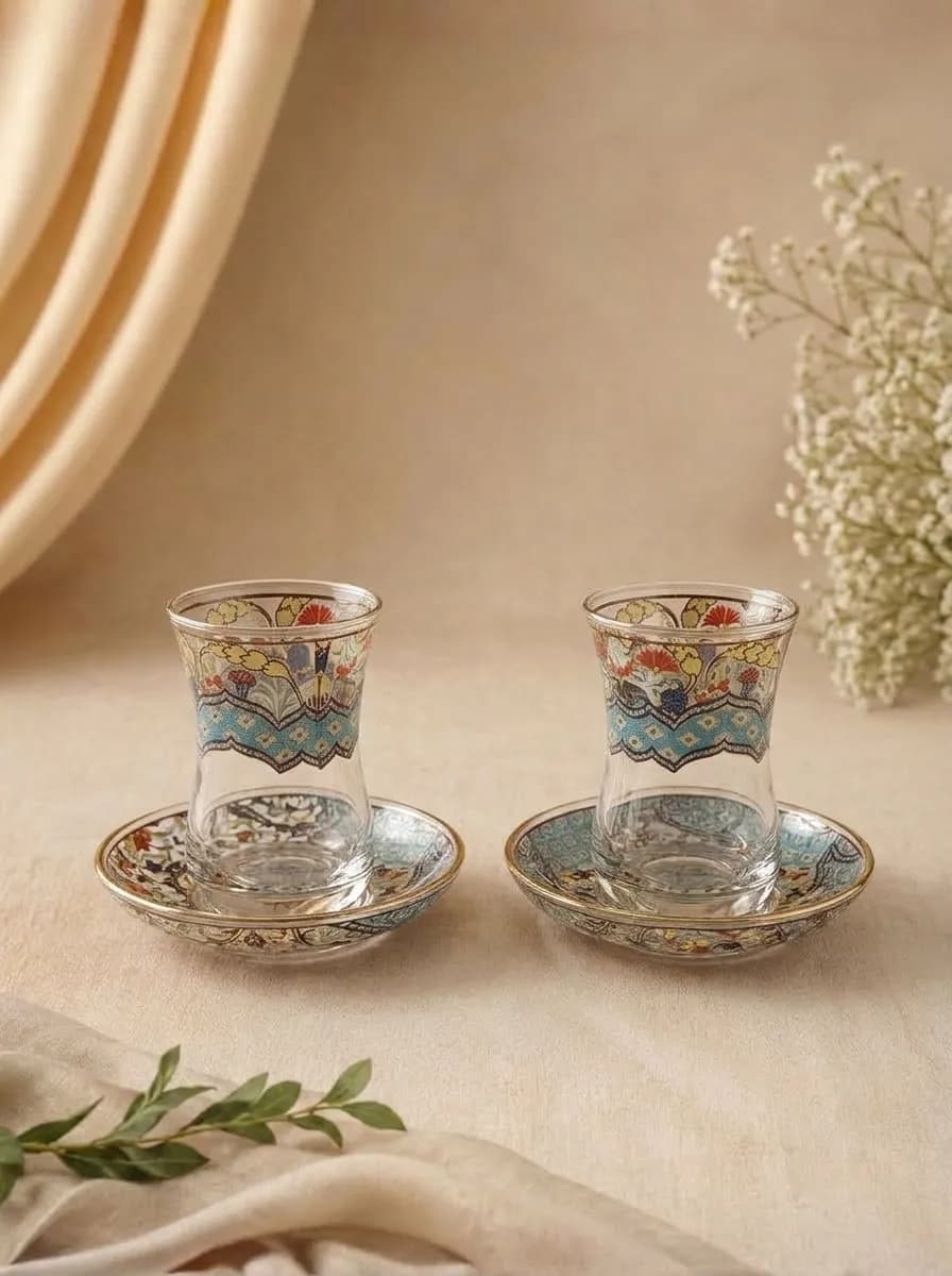 Turkish Tea Glass Set for 2 | Colorful Floral Glasses & Saucers | Traditional Turkish Design | Made in Turkey