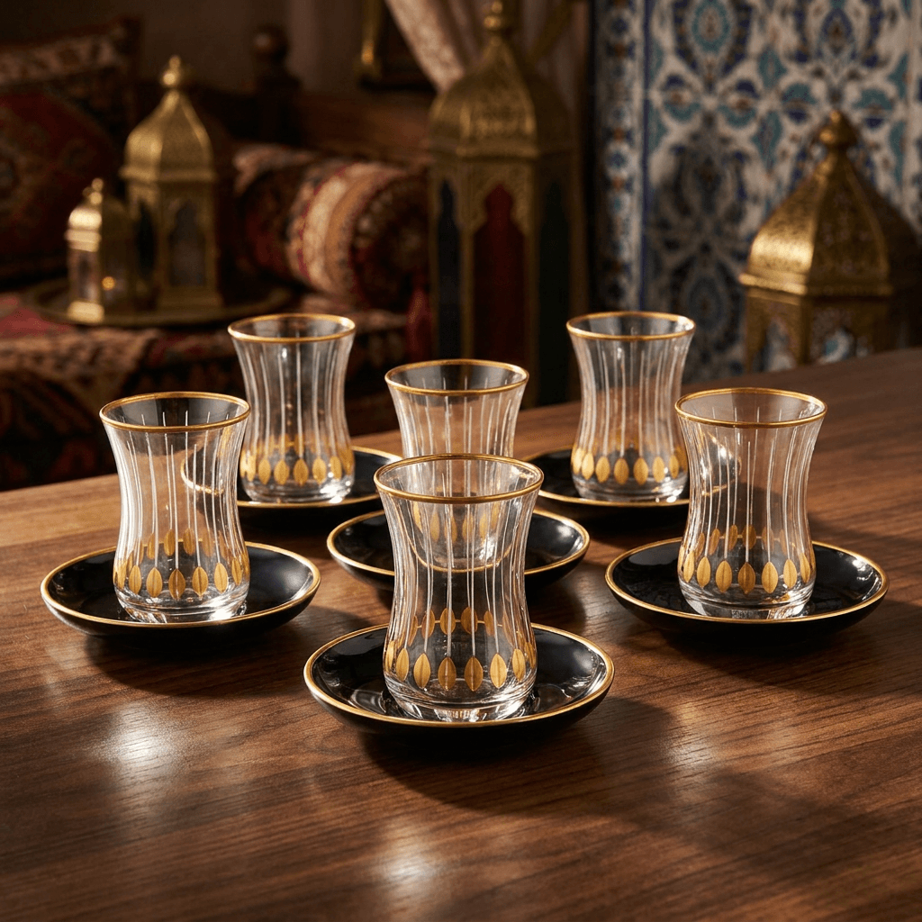 Turkish Tea Set for 6 | 12-Piece Clear Glass Cups & Black Saucers | Gold Details | Made in Türkiye