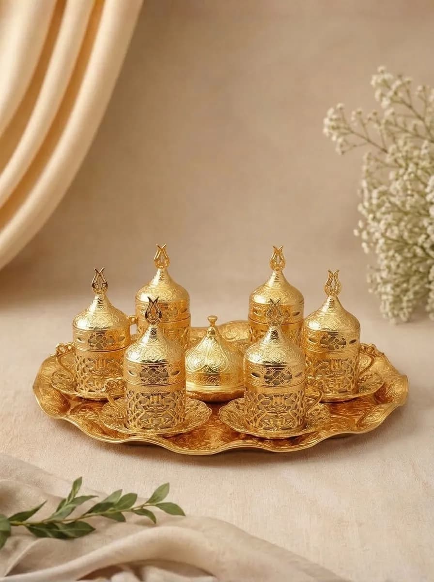 Luxury Turkish Coffee Set for 6 | Gold Ottoman Lale Design with Tray & Turkish Delight Bowl | Made in Türkiye