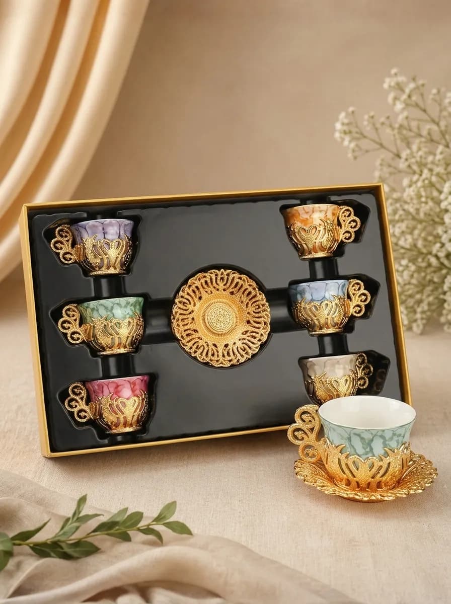 Luxury Turkish Coffee Set for 6 | Colorful Porcelain Cups, Gold Zamac Holders & Saucers | Made in Türkiye