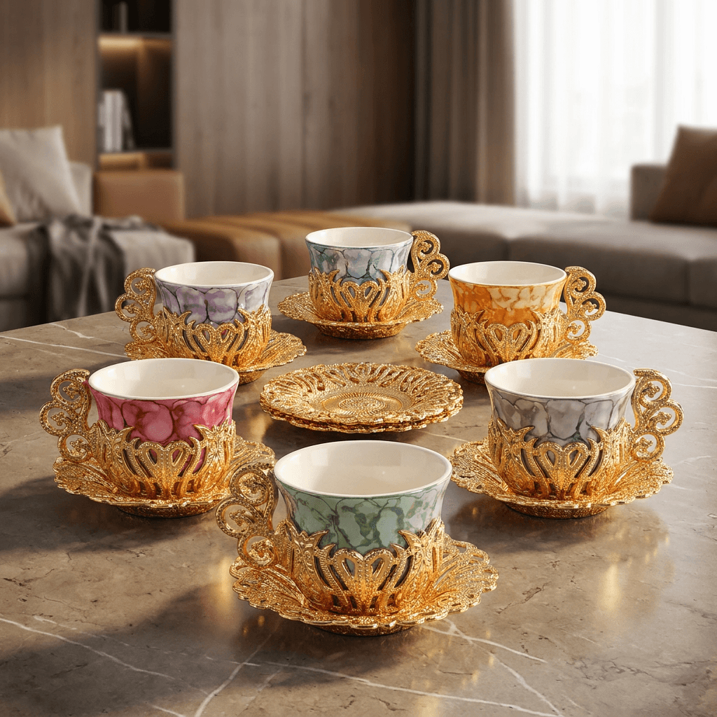 Luxury Turkish Coffee Set for 6 | Colored Porcelain Cups, Gold Zamac Holders & Saucers | Made in Türkiye