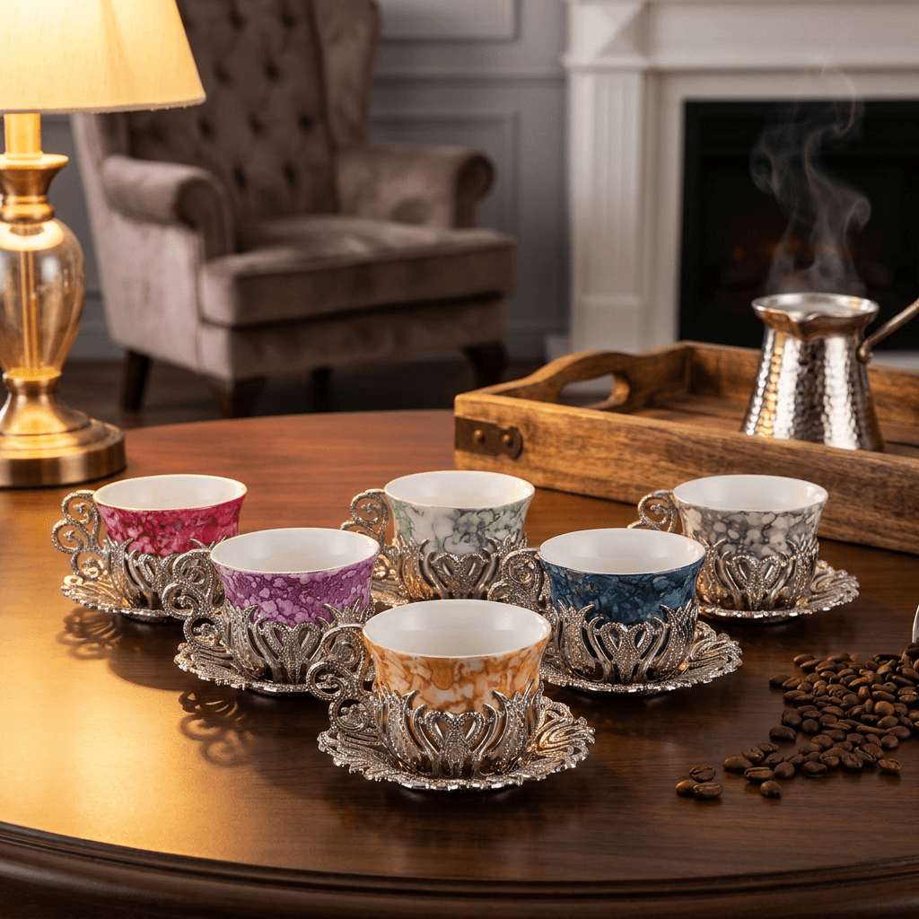 Luxury Turkish Coffee Set for 6 | Colored Porcelain Cups, Silver Zamac Holders & Saucers | Made in Türkiye