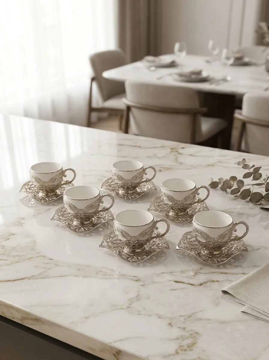 Luxury Turkish Coffee Set for 6 | White Porcelain Cups, Silver Zamak Holders & Saucers | Made in Türkiye