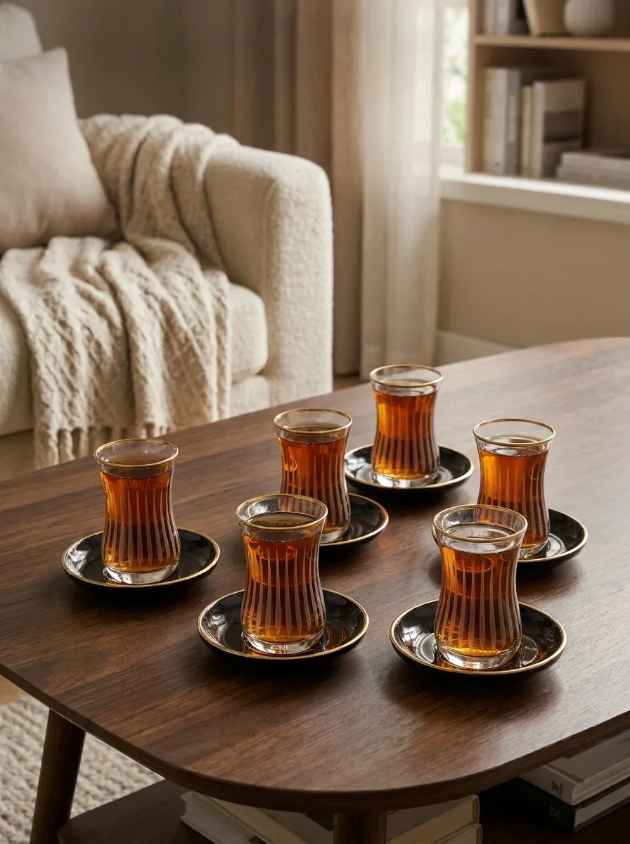 Turkish Tea Set for 6 | 12-Piece Glass Cups with Gold Details & Black Saucers | Made in Turkey