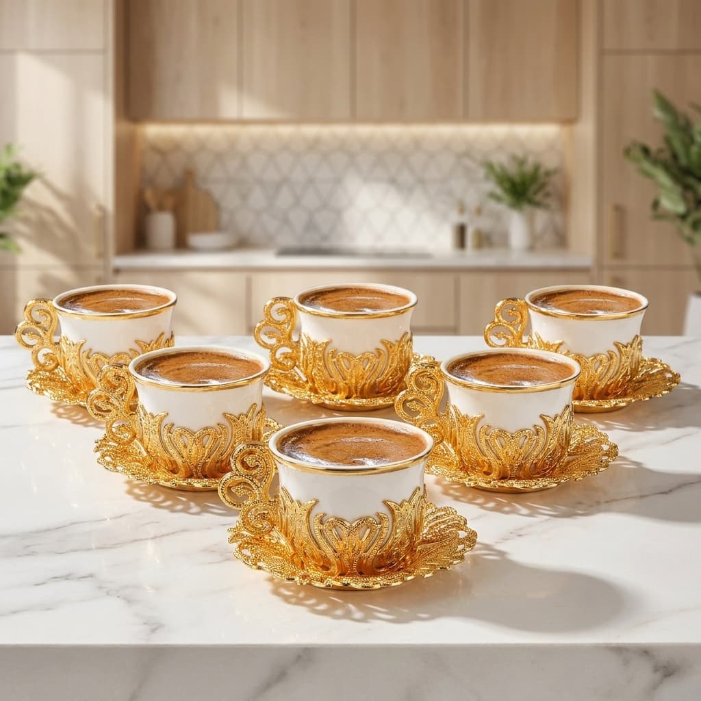 Luxury Turkish Coffee Set for 6 | White Porcelain Cups, Gold Zamac Holders & Saucers | Made in Türkiye