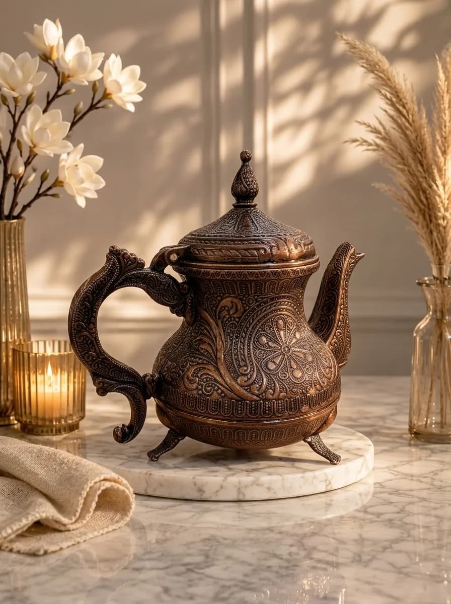 Acar Ottoman Teapot 0.85L | Engraved Red Copper Zamac Tea & Coffee Pot | Made in Türkiye