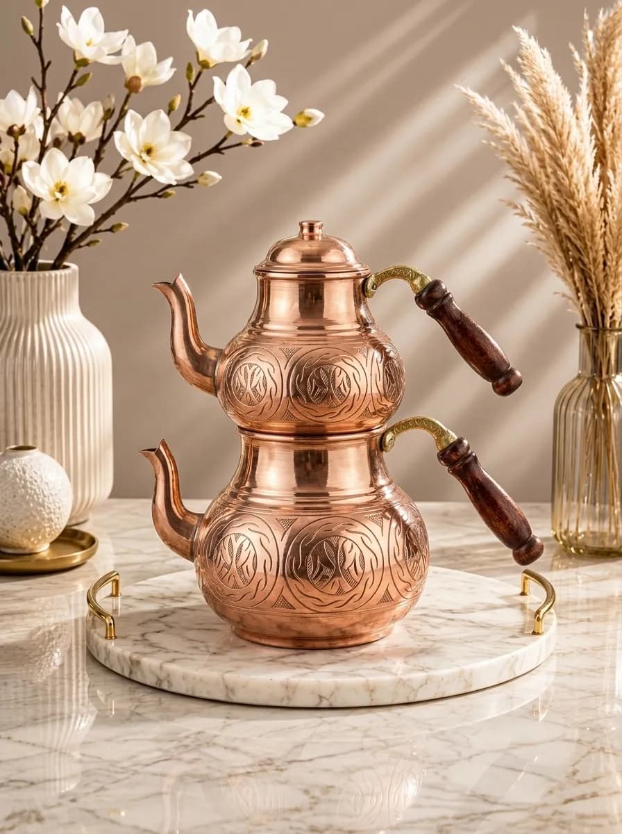 Turkish Double Teapot Set | Engraved Zamac Çaydanlık with Wooden Handles & Extra Lid | Made in Türkiye