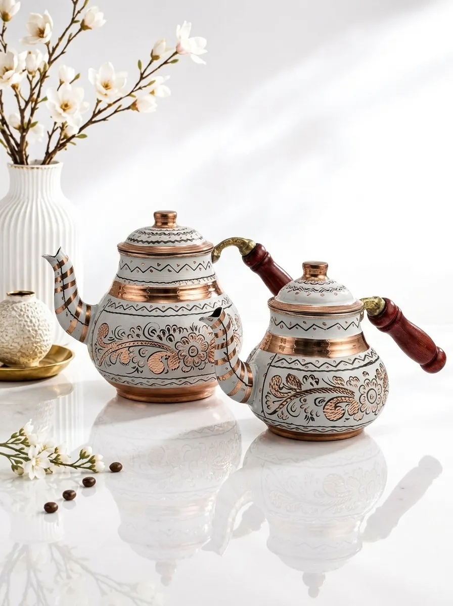 Handmade Turkish Teapot Set | 2-Piece Copper & White Tea Pots with Wooden Handles | Made in Türkiye