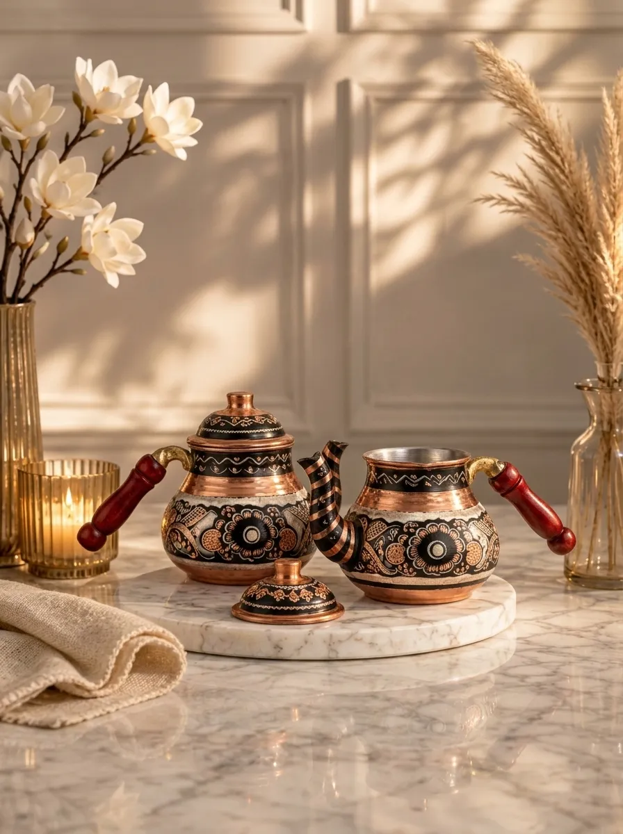 Handmade Turkish Teapot Set | 2-Piece Copper Tea Pots with Wooden Handles | Made in Türkiye