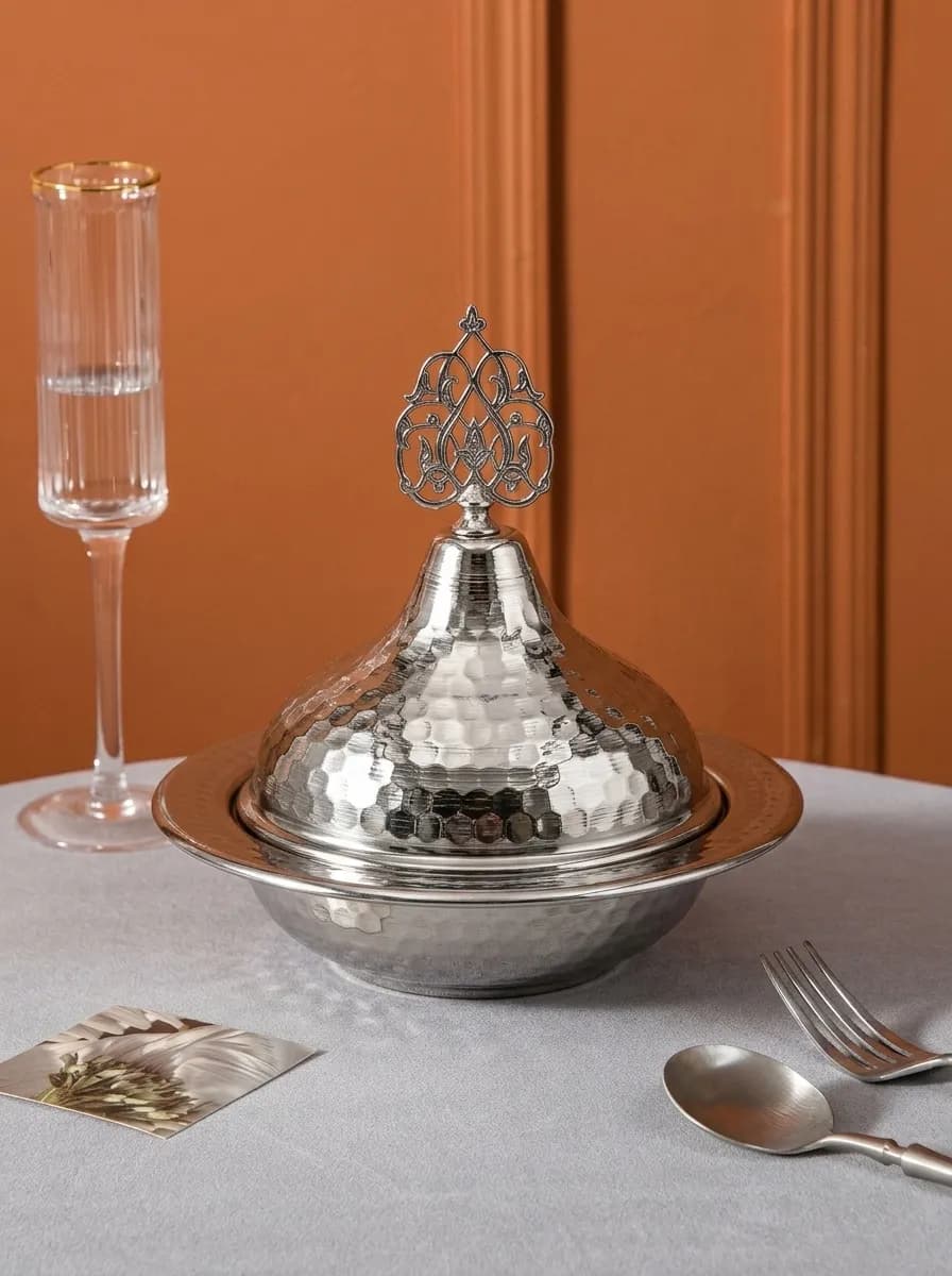 Handmade Copper Serving Pot with Lid | Silver Turkish Serving Bowl for Rice, Dates, Sweets & Nuts | Made in Turkey