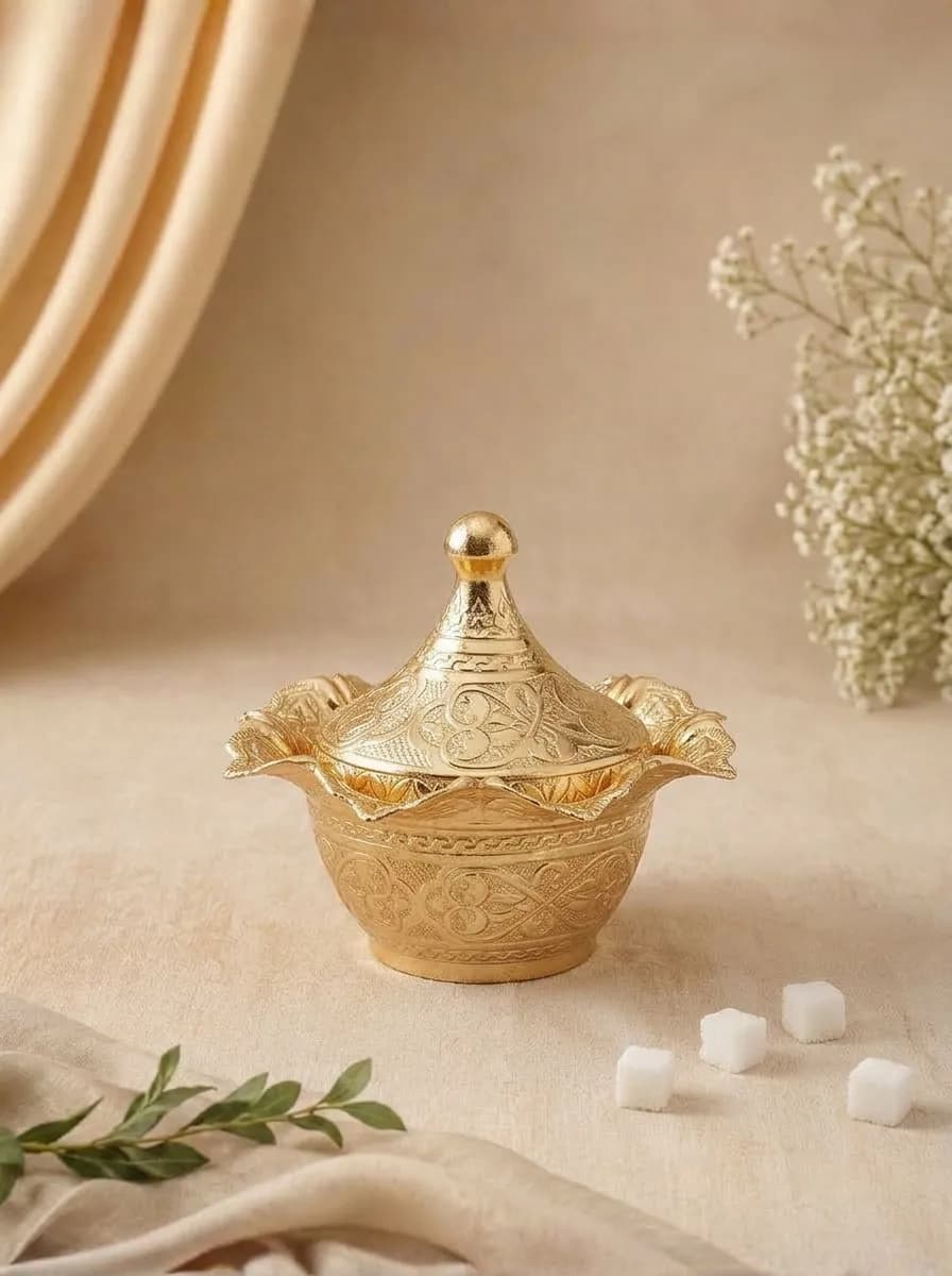 Ottoman Zamac Sugar Bowl with Lid | Elegant Gold Turkish Serving Bowl | Made in Turkey