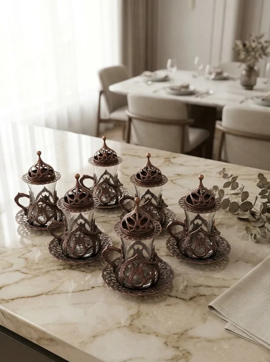 Luxury Turkish Tea Set for 6 | Glass Cups with Lids, Copper Holders & Saucers | Antique Red | Made in Turkey