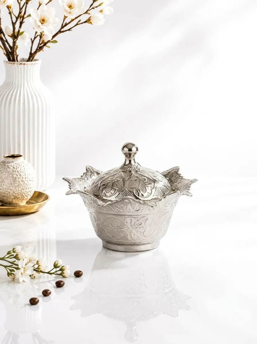 Ottoman Zamak Sugar Bowl with Lid | Elegant Silver Turkish Design | Made in Turkey
