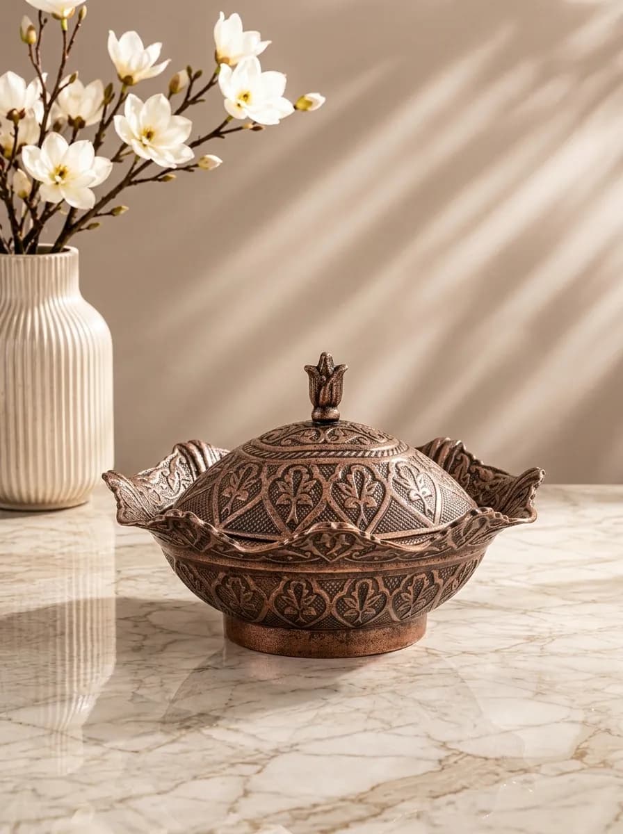 Luxury Turkish Zamac Sugar Pot | Ottoman-Style Red Bronze Sugar Bowl with Lid | Made in Türkiye