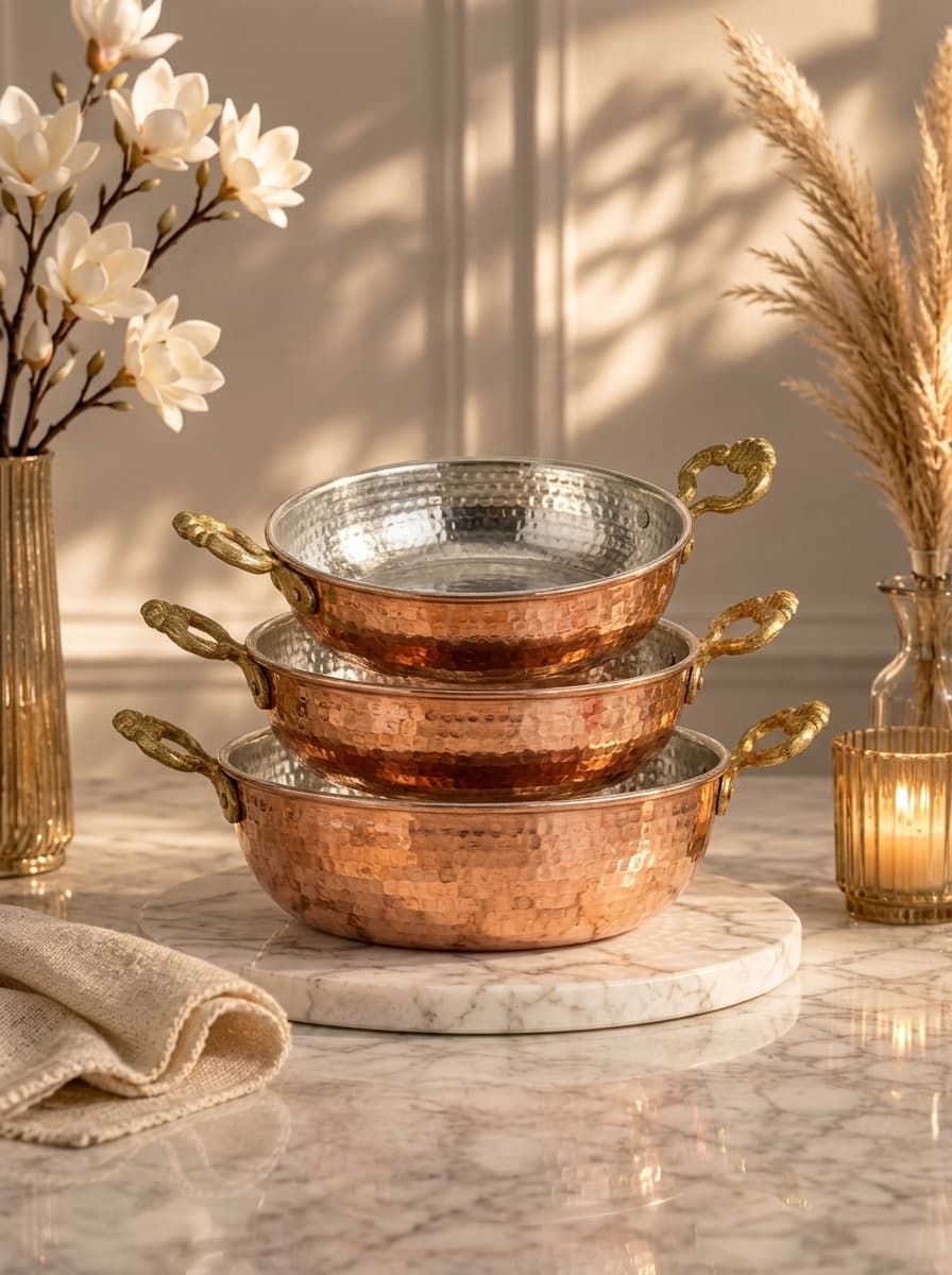 Handmade Ottoman Copper Pan Set | Unique Design | Made in Turkey (Set of 3 Sizes)