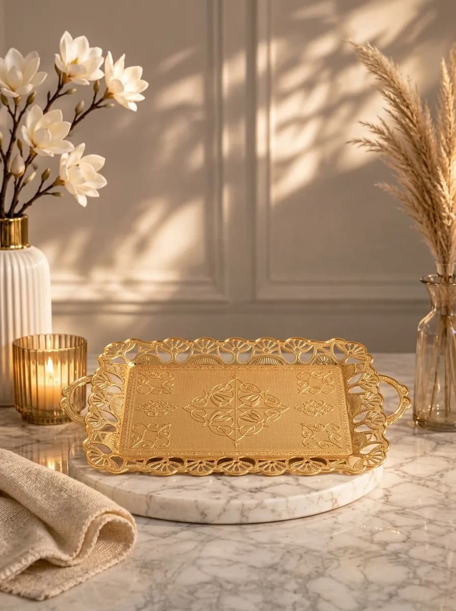 Luxury Turkish Serving Tray | Large Handmade Copper Tray | Gold-Colored Ottoman Design | Made in Turkey