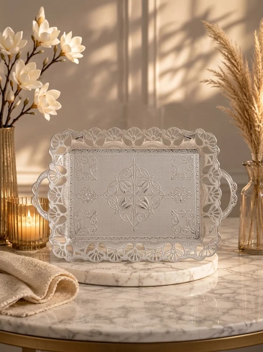 Luxury Turkish Serving Tray | Large Handmade Copper Tray | Silver-Colored Ottoman Design | Made in Turkey