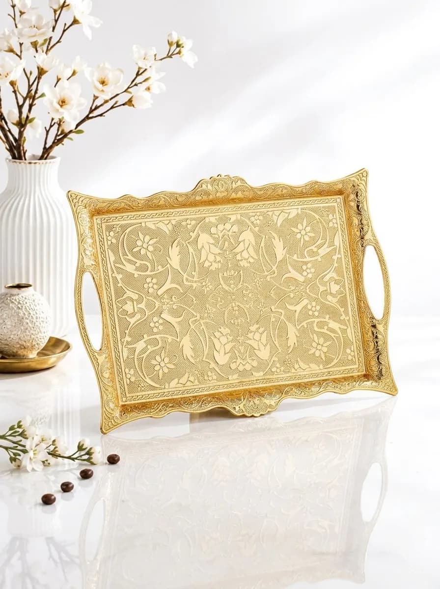 Luxury Turkish Serving Tray 20×30 cm | Handmade Copper Ottoman Design | Gold Finish | Made in Turkey