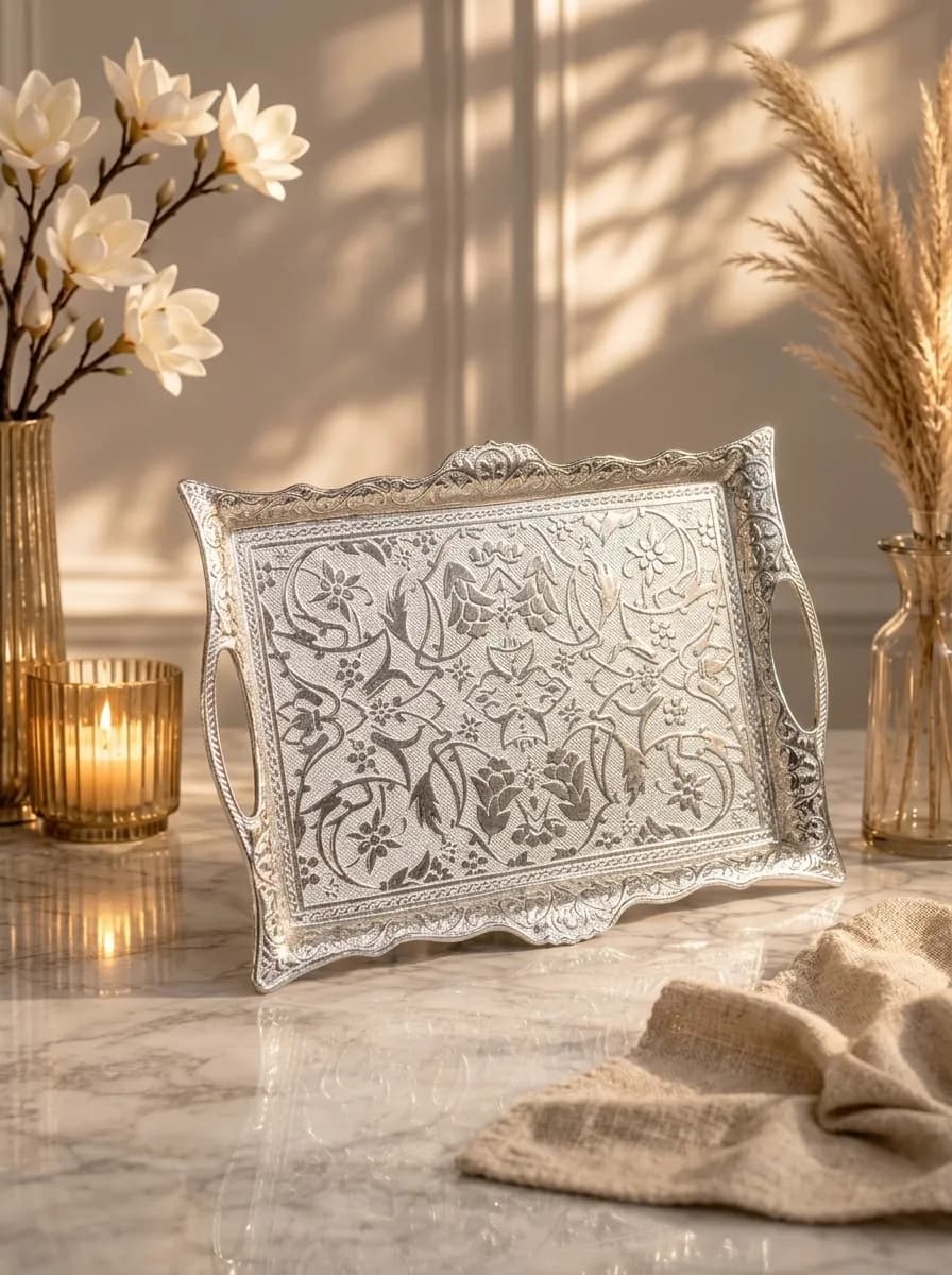 Luxury Copper Serving Tray 20×30 cm | Handmade Ottoman Design | Silver Finish | Made in Turkey