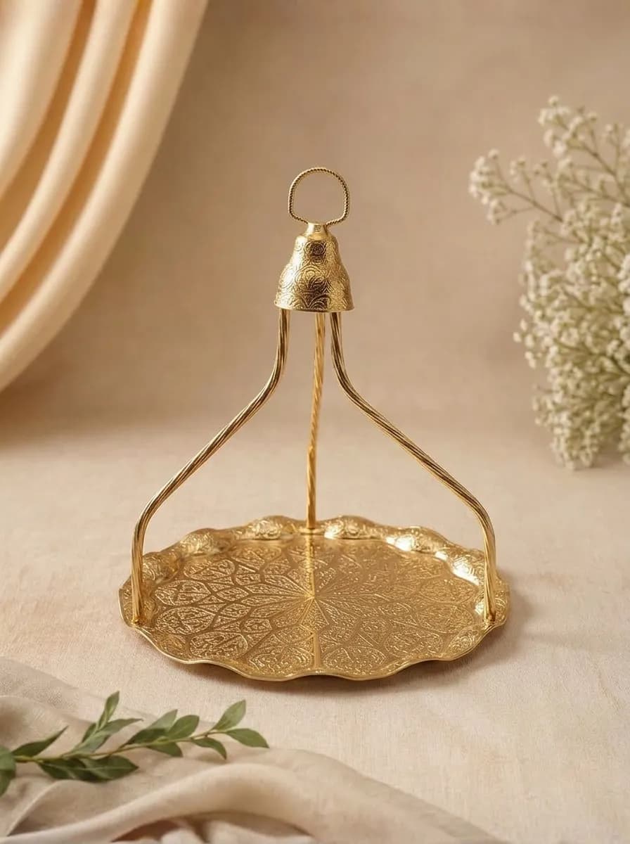 Handmade Round Gold Copper Serving Tray with Ottoman Design and Ring Handle