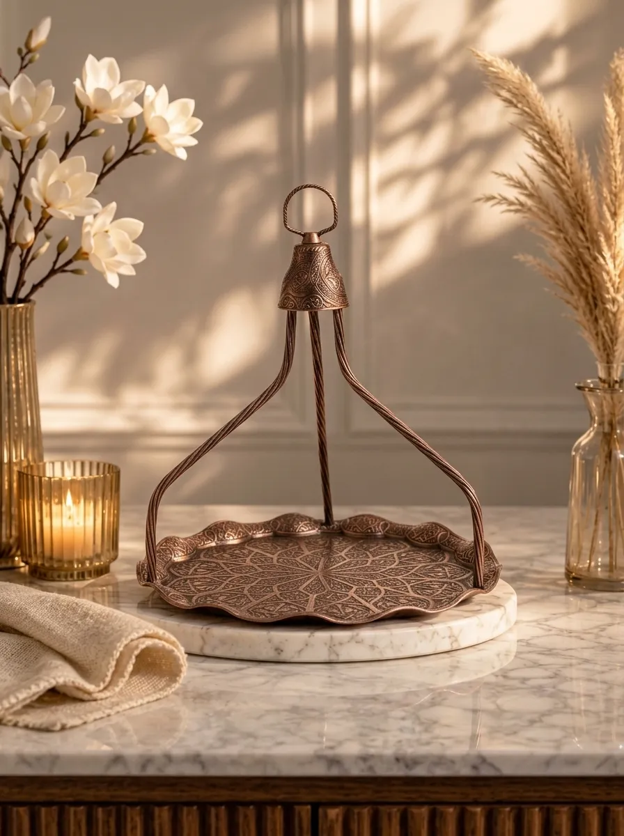Luxury Turkish Copper Serving Tray | Round Ottoman Design with Handle Stand | Bronze Finish | Made in Turkey