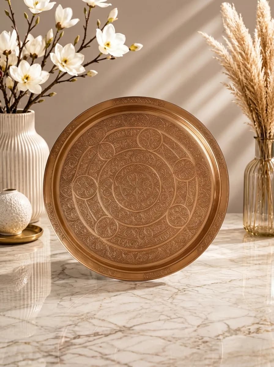 Luxury Turkish Copper Serving Tray 38 cm | Handmade Engraved Ottoman Design | Made in Turkey