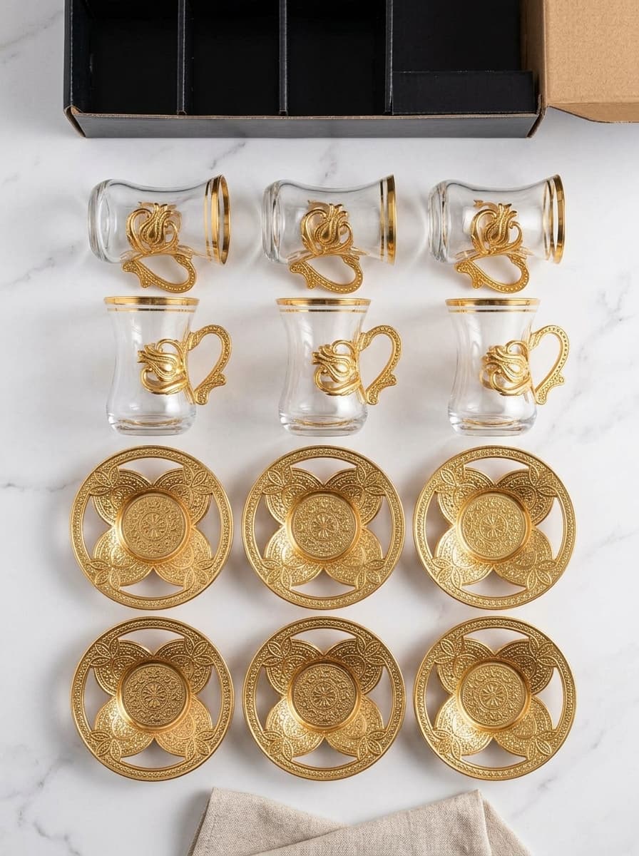 Luxury Turkish Tea Set for 6 | Glass Cups, Gold Holders & Saucers | Ottoman Style | Made in Turkey