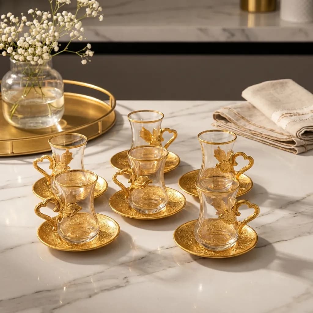 Luxury Turkish Tea Set for 6 | Glass Cups with Gold Holders & Saucers | Made in Turkey