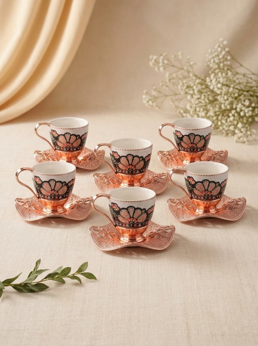 Luxury Turkish Coffee Cups | Floral Pattern, Rose Gold Holders & Saucers | Set for 6 | Made in Turkey
