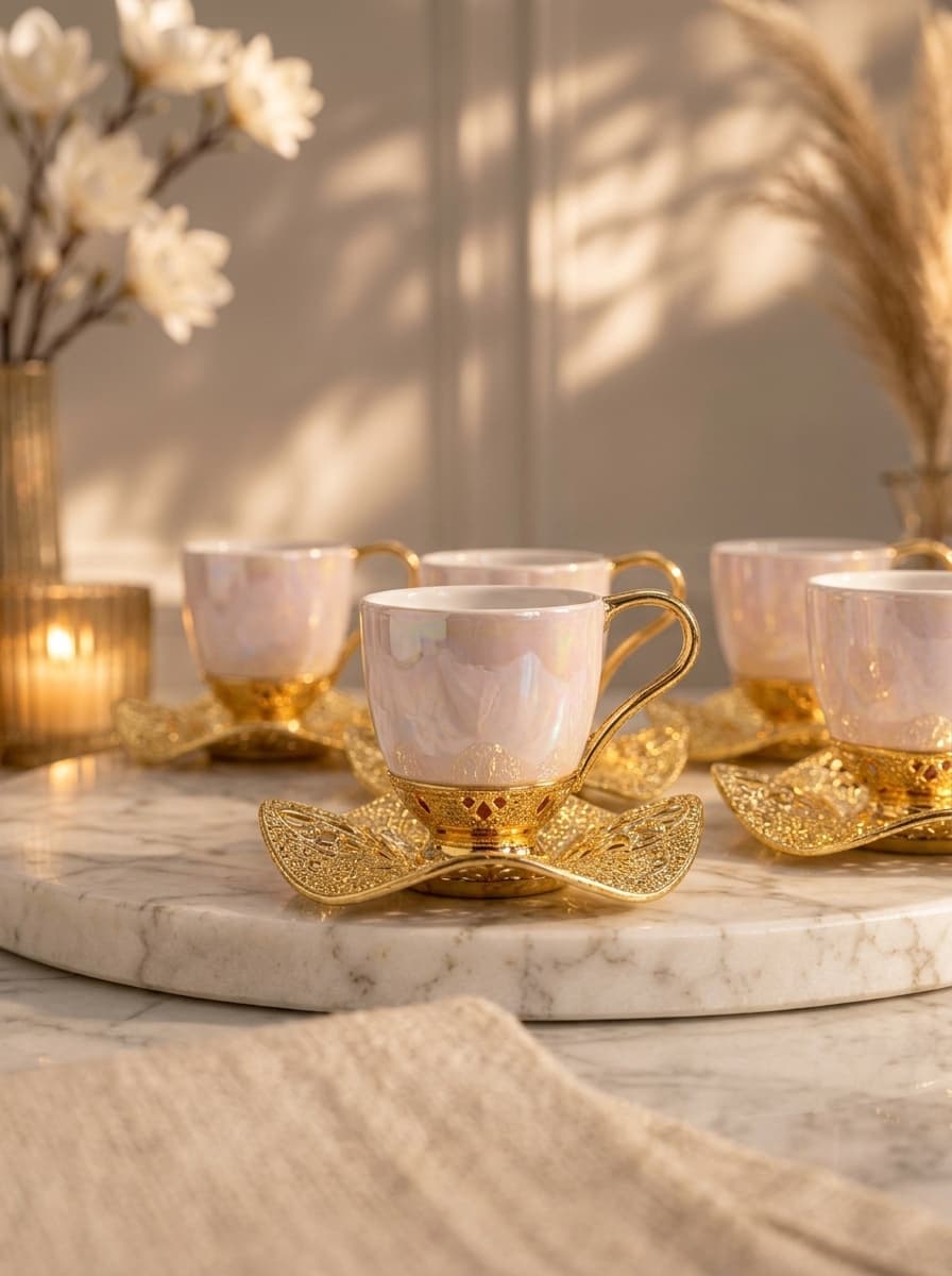 Luxury Turkish Coffee Cup Set for 6 | Pearl-Finish Cups, Gold Handles & Saucers | Made in Turkey