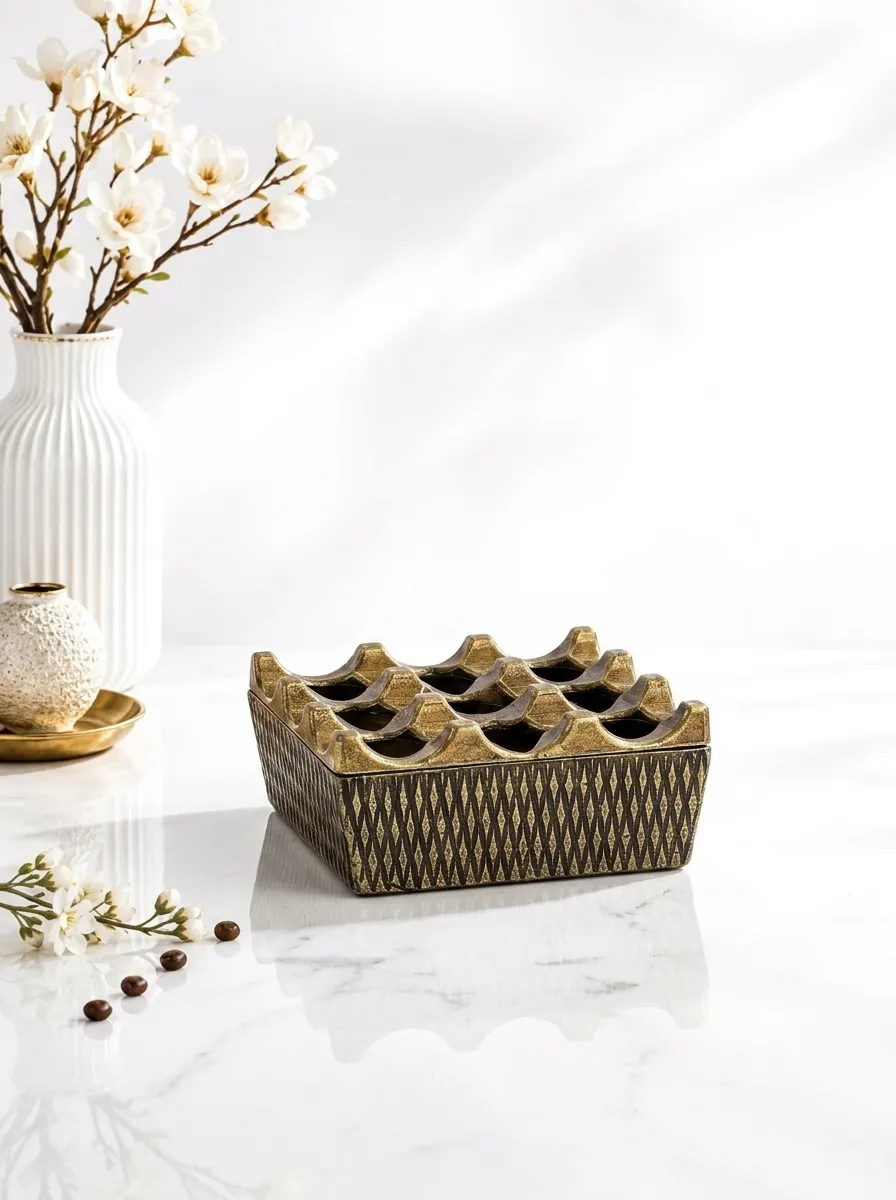 Decorative Gold Ashtray | Geometric Turkish Design with Rectangular Base | Made in Turkey