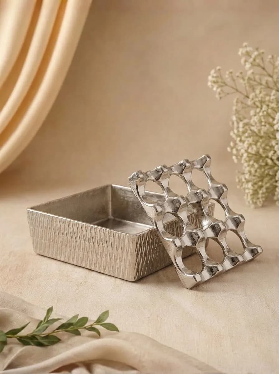 Decorative Silver Ashtray | Geometric Turkish Design with Rectangular Base | Made in Turkey