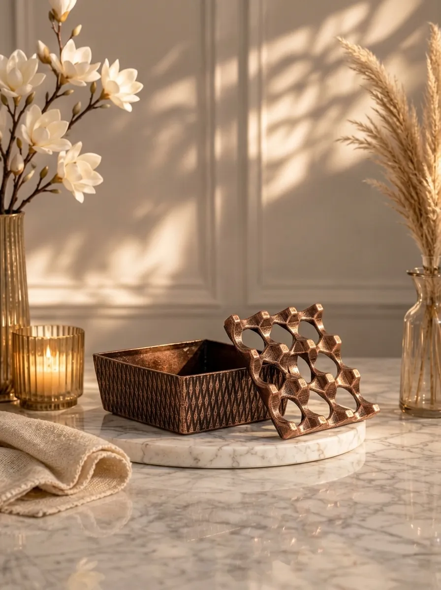 Decorative Red Bronze Ashtray | Geometric Turkish Design with Rectangular Base | Made in Turkey