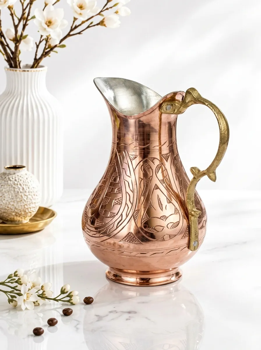 Handmade Ottoman Copper Jug | Turkish Patterned Beverage Pitcher for Tea, Coffee & Juice | Made in Turkey