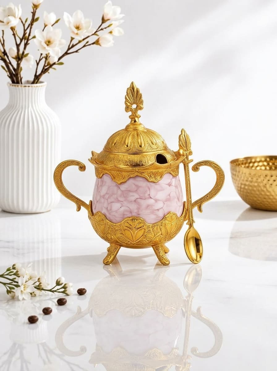 Luxury Turkish Sugar Bowl | Pink Marble Porcelain, Gold Stand, Lid & Spoon | Made in Türkiye
